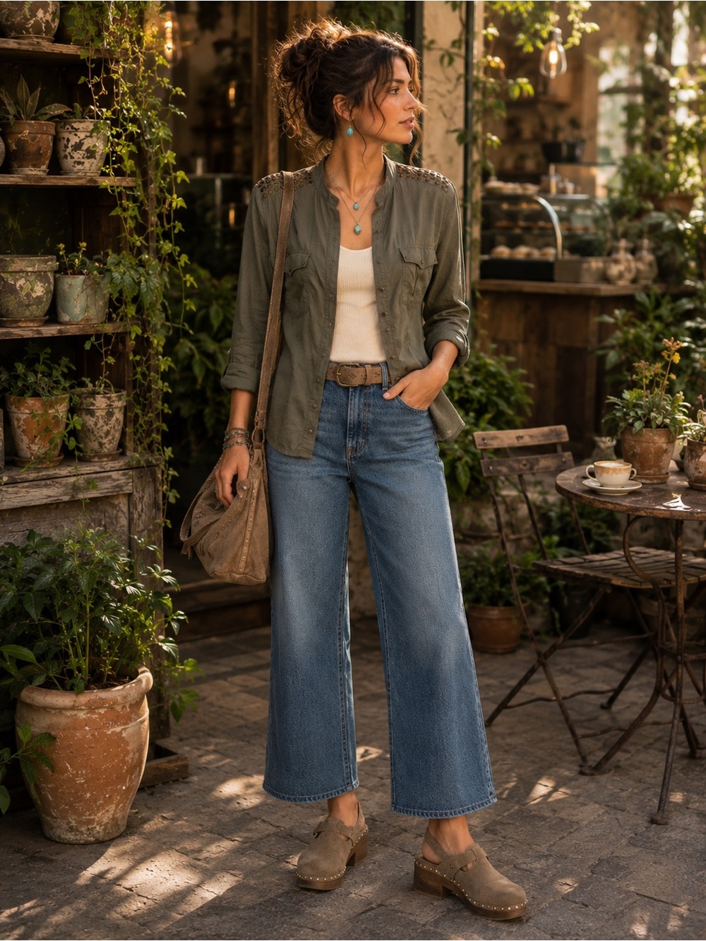 Boutique Curated Olive Green Boho Utility Embellished Button Down Shirt
